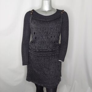 Exzotica Dress Knit Long Sleeve Rip Holes Chain Elastic Waist Mini Stretch M/L